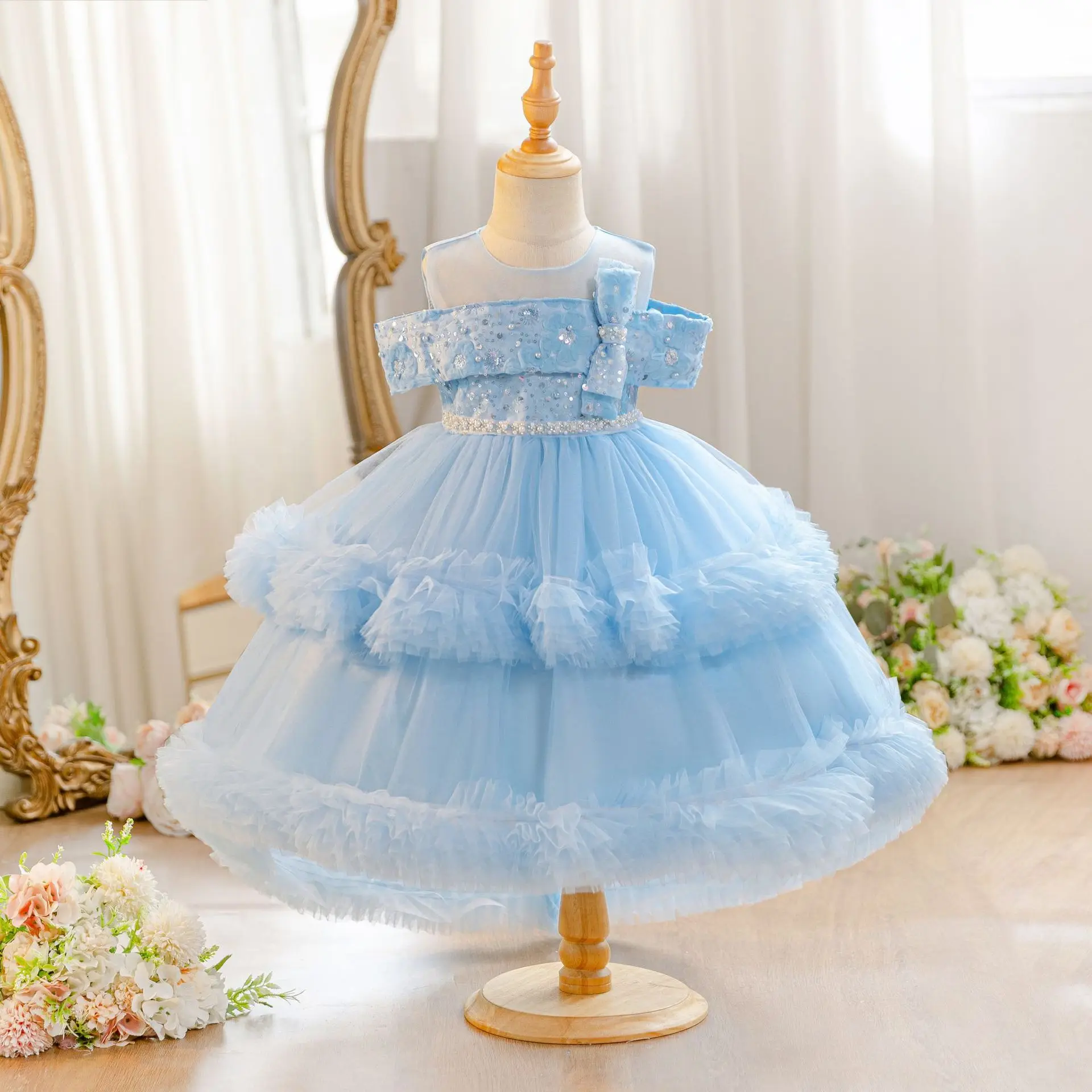 HETISO Girls High End Layered Dress Pearls Bowknot Princess Wedding Birthday Party Festivals Gown For Yong Kids 1-5 Years