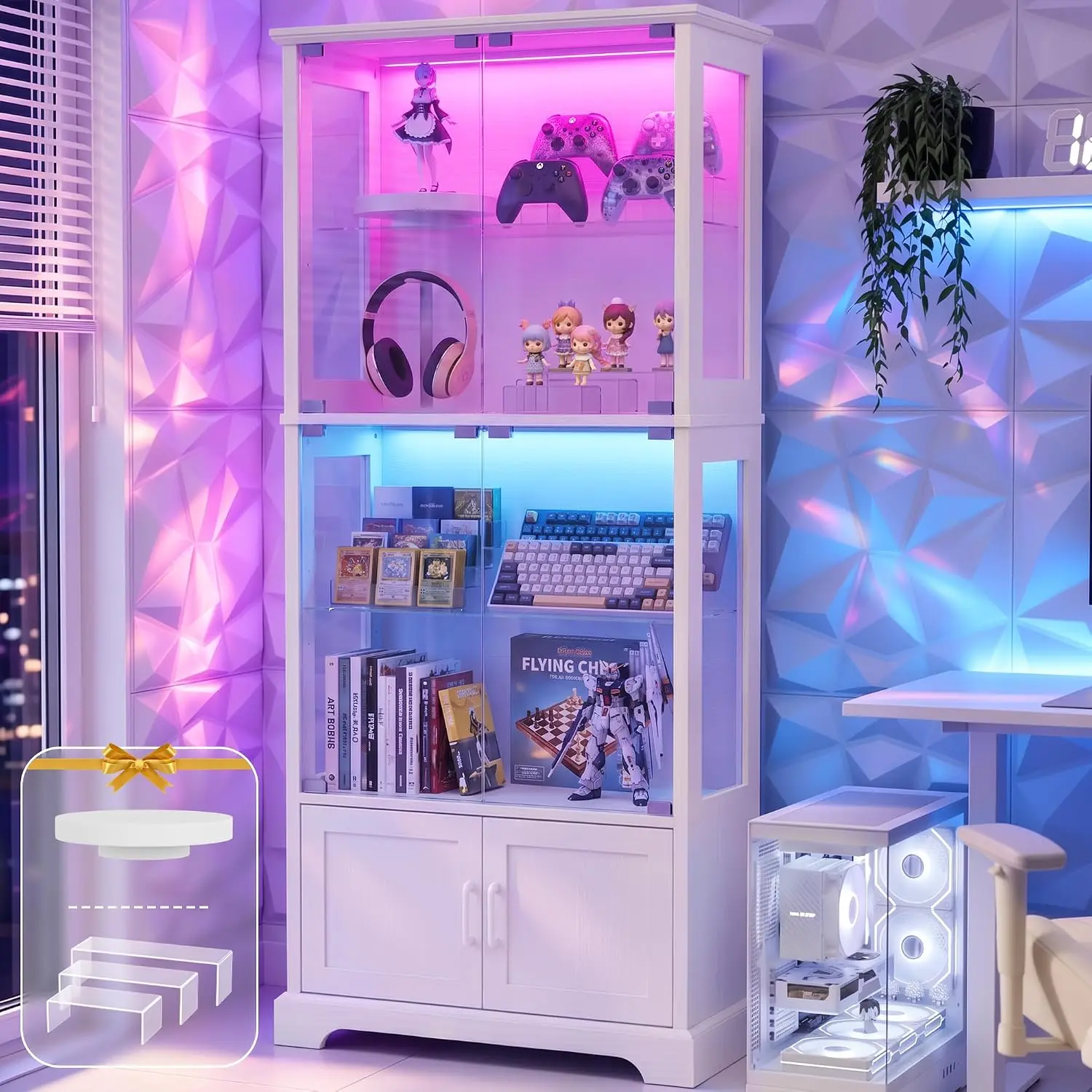 Display Cabinet with Glass Door, 4-Tier Display Case with RGB Lights