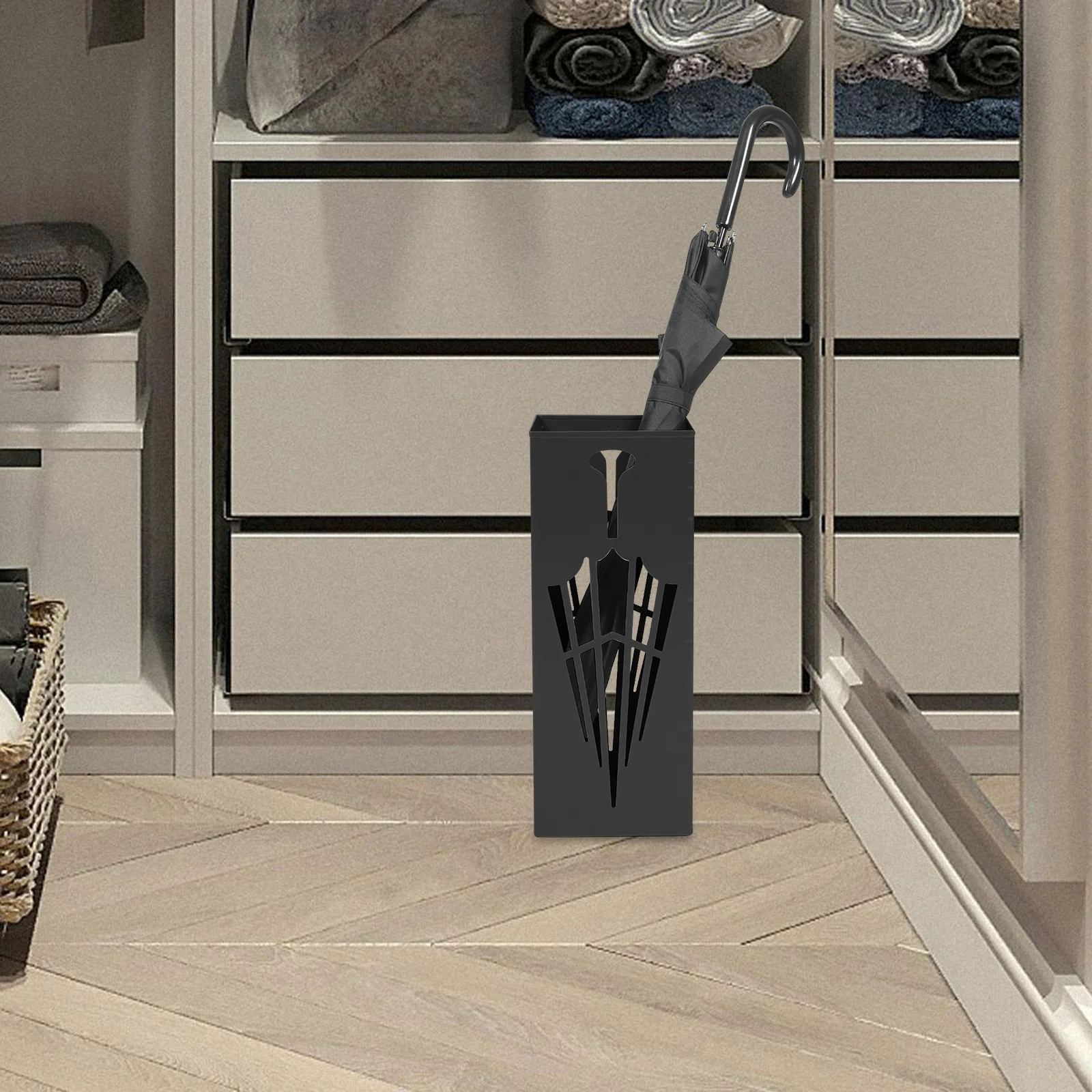 

Large Capacity Iron Umbrella Storage Holder Indoor Hotel Lobby Square Metal Bucket Cane Stand Anti-Slip Base Rain Home