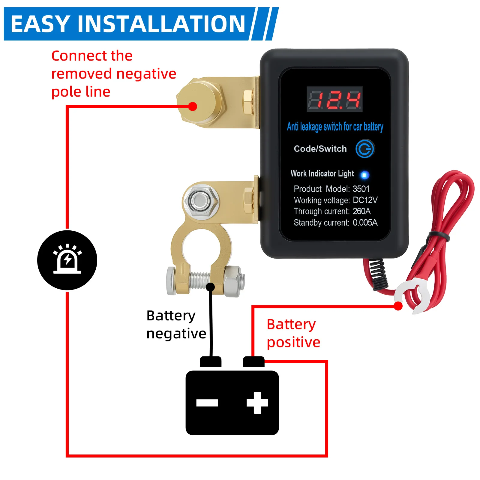 Car DC 12V 260A Battery Kill Switch Automatic Power Shut Off Remote Disconnect Switch for Car Truck SUV Car Accessories