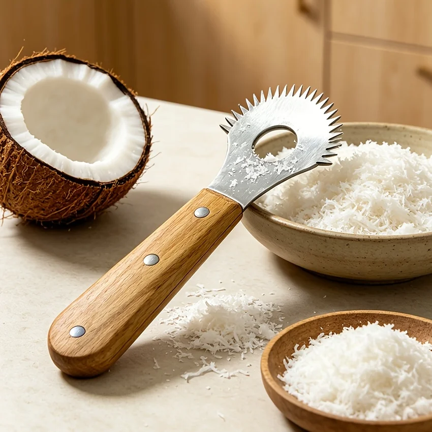Coconut Hand Grater Coconut Meat Scraper Removal Knife Stainless Steel Serrated Blade Slicer with Wooden Handle Shredded
