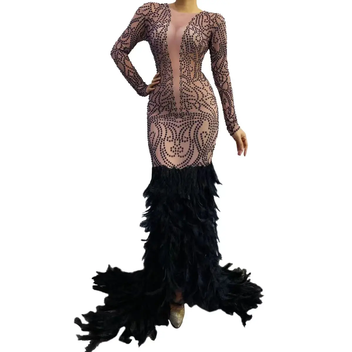 

Full Diamond Perspective Mesh Sexy Feather Skirt Bar DJ Nightclub Female Singer Dance Team Stage Clothing Party Theme Show