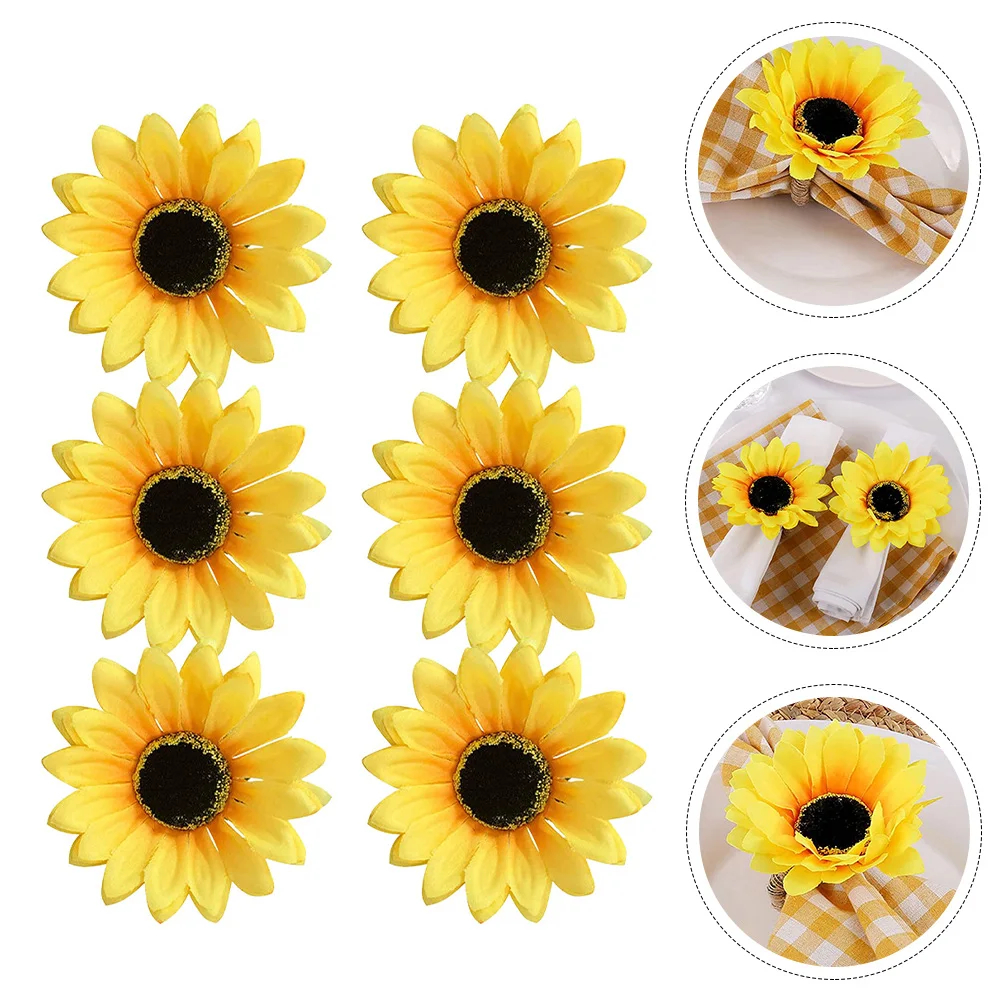 

6pcs Sunflower Napkin Rings Hemp Rope Plastic Home Decor Party Wedding Table Decoration Reusable Serviette Buckles