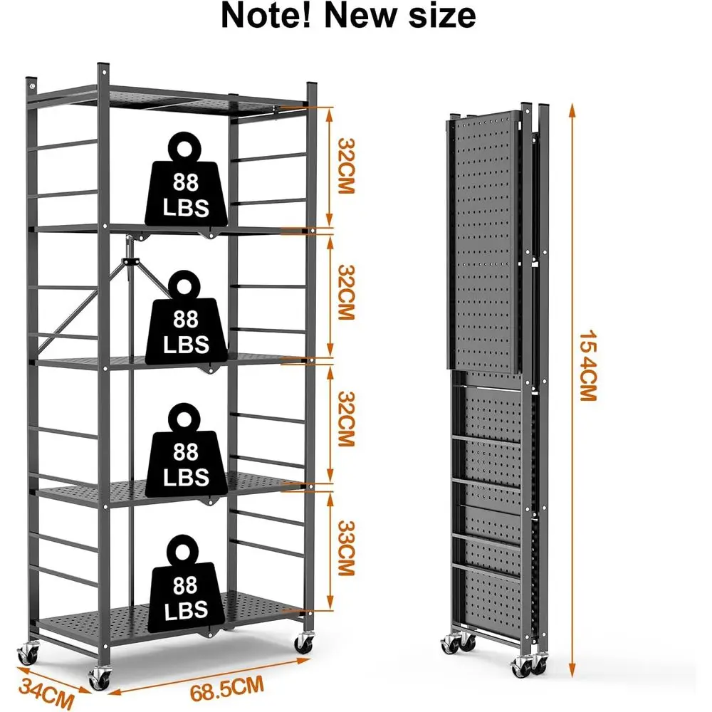 رف تخزين قابل للطي من 5 طبقات باللون الرمادي مع 20 خطافًا وعجلات للمنزل، عروض حرفية، لا حاجة للتجميع