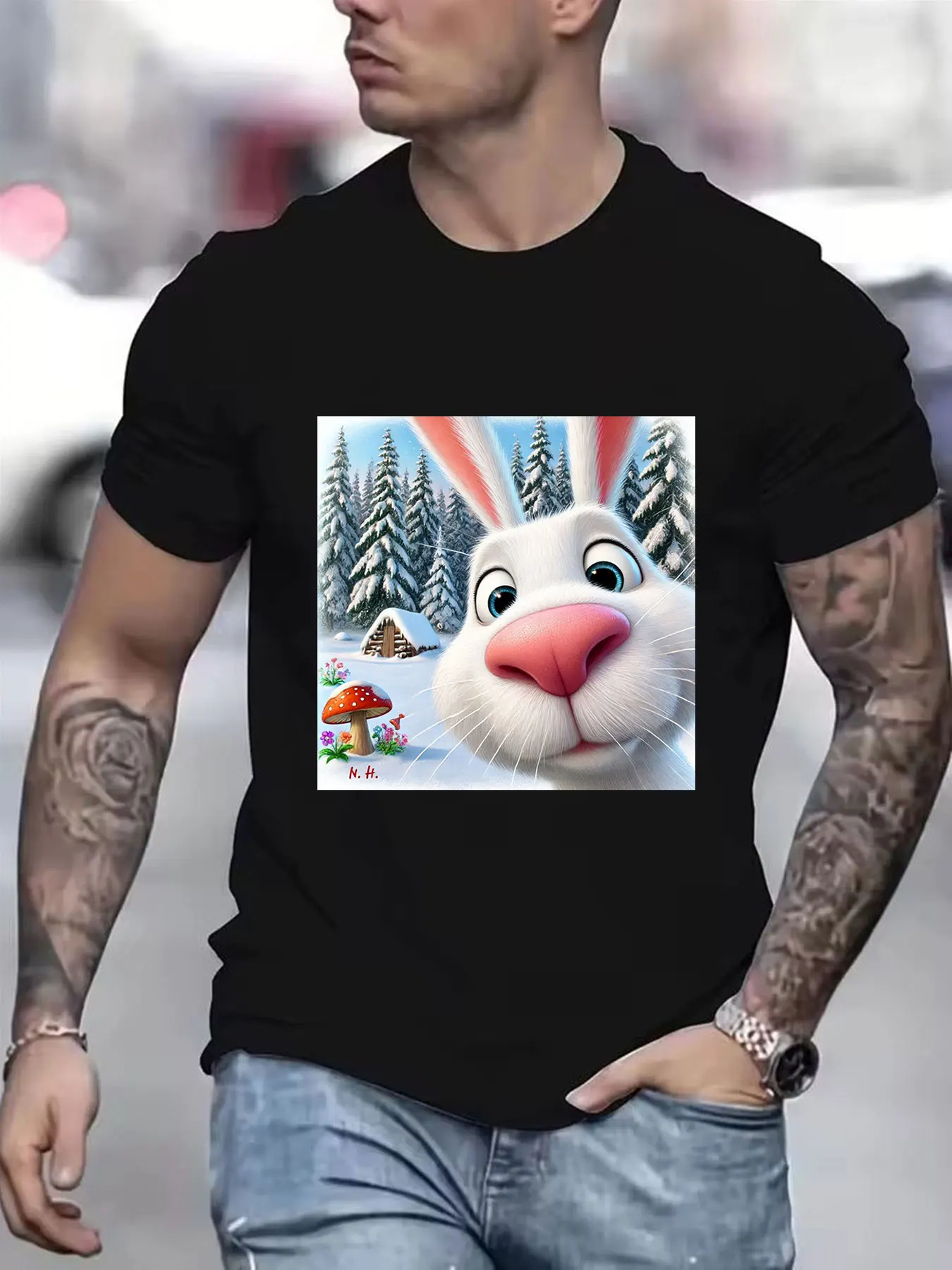 Men's Pure Cotton Short Sleeve T-Shirt, Cute Big Eyed White Rabbit Print, Winter Snowy Forest Cabin Scene, Casual Soft Breathabl