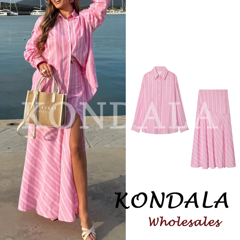 KONDALA Chic Fashion 2026 Women Pink Casual Striped Suits Single Breasted Loose Shirt+Draped Long Midi Split Skirt Female Sets