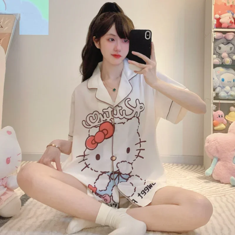 

Пижамы Sanrio Hello Kitty с героями мультфильмов, шелковые пижамы с ледяным шелковым верхом, женские повседневные свободные пижамы из двух предметов, женские пижамы hyt