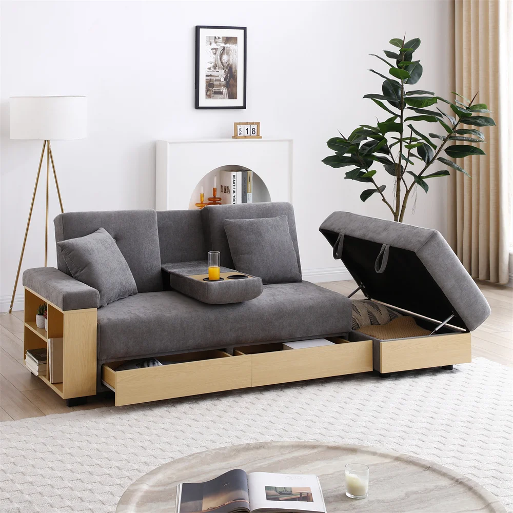 

Multifunctional fabric L-shaped sleeper sofa bed Wooden sofa with bedroom storage drawers Coffee table