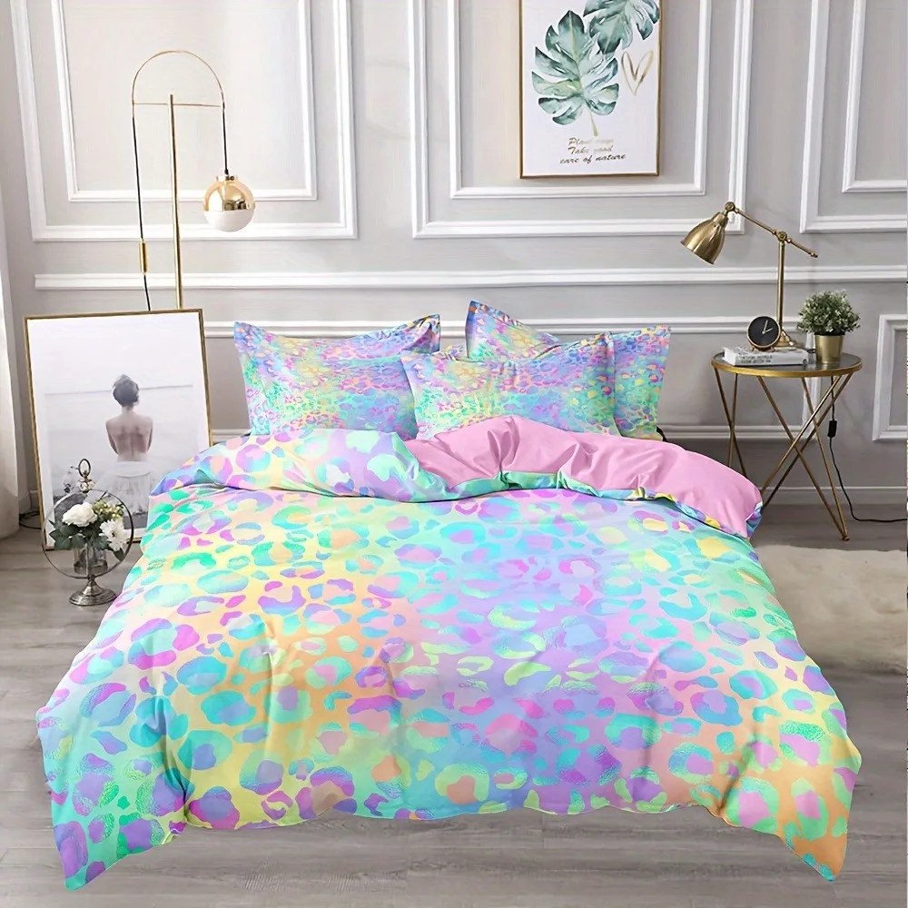 Rainbow Gradient Leopard Print Bedding Set Pink Reverse Duvet Cover Set Colorful Animal Spots Quilt Cover Pillowcases No Sheet