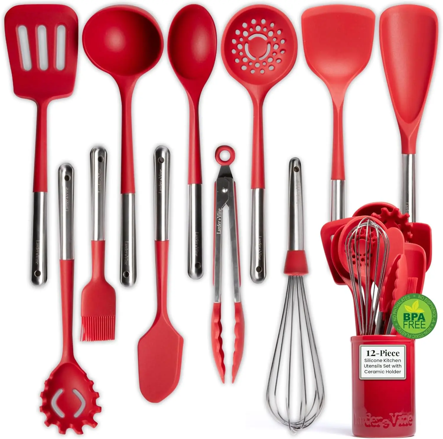 

12-Piece Silicone Kitchen Cooking Utensils Set with Stainless Steel Handle and Ceramic Holder, Dishwasher Safe Set of Ki