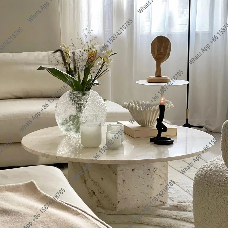 J Cream Travertine Coffee Table, Instagram Trendy Wabi-Sabi & French Style Round Table, Heat & Scratch Resistant, Natural Veinin