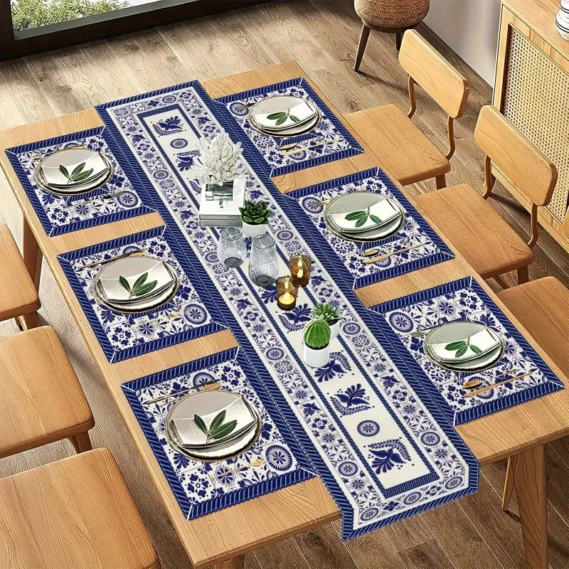 Retro Ethnic Blue White Porcelain Table Runner Placemats Set Waterproof Anti Slip Washable Kitchen Dining Table Mat