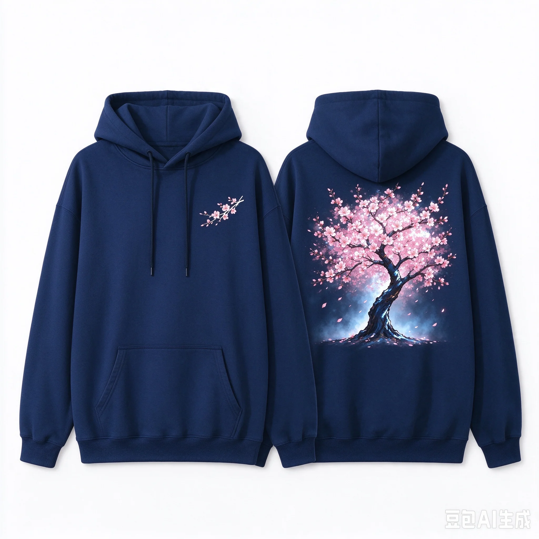 Men's Loose Drawstring Hoodie, Right Chest Small Peach Blossom Logo, Back Full Bloom Peach Tree Graphic Pullover, Streetwear Cas