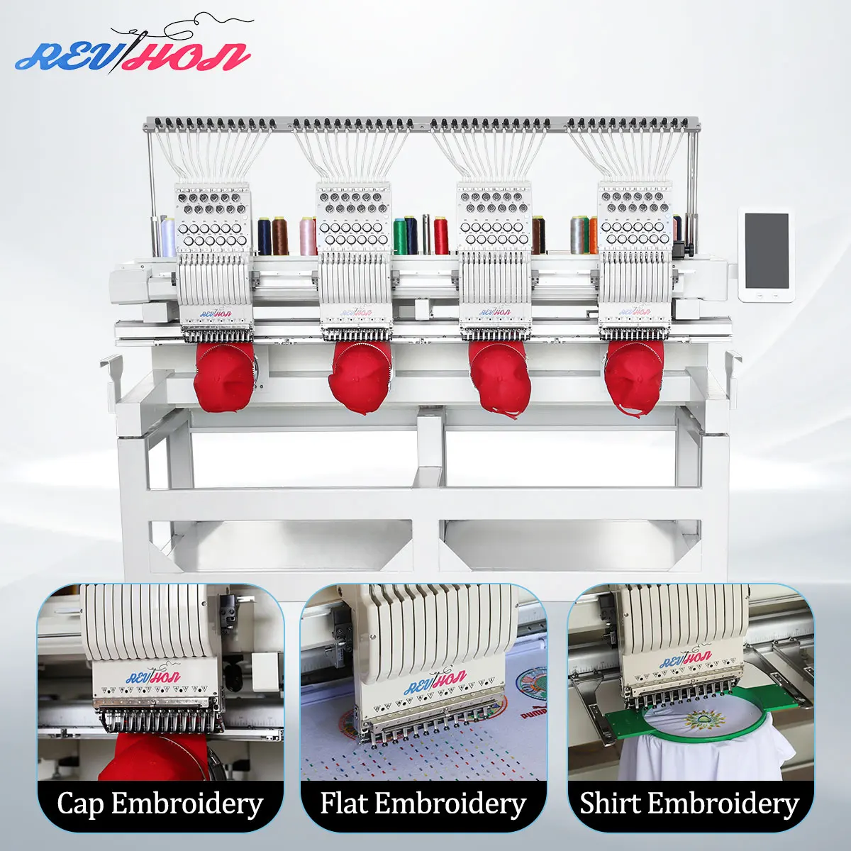REVHON Industrial Use Computerized Automatic 4 Head Multifunctional Cap T-shirt Flat High Speed Embroidery Machine