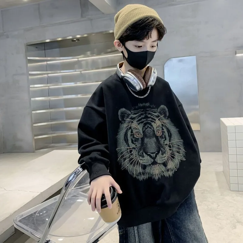 

2025 New Boys' Trendy Long Sleeve Crewneck Sweatshirt - Middle-Large Kids Stylish Korean Style Top for Autumn & Spring