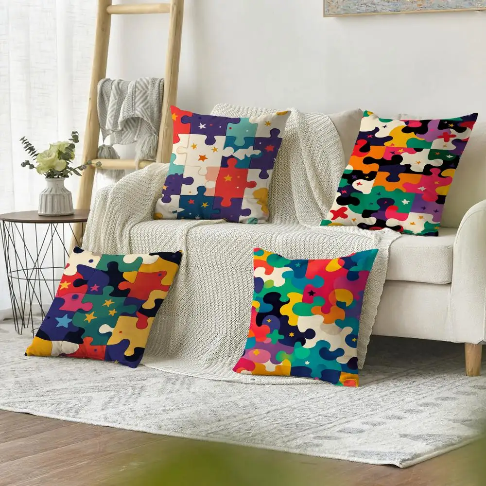 Fun puzzle patterns Cushion Cover Natural Linen Organic Fabric Double-Sided Printing Sofa Home Decor Gift Pillow Cover