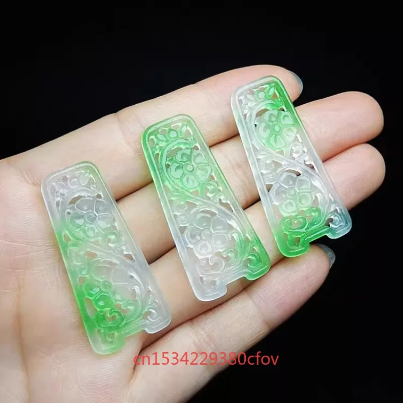 Natural Ice Seed Trapezoid Plum Blossom Jade Carved Hollowed Out Pendant Accessories DIY Earrings Chinese Jewellery Amulet Women