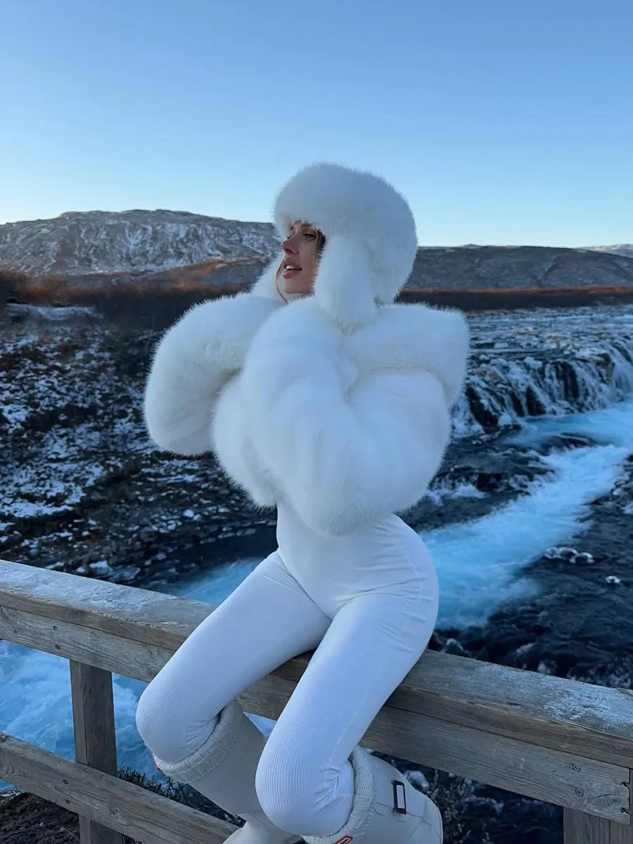 Women White Hooded Faux Fur Cropped Jacket Long Sleeve Fluffy Winter Coat with Pockets