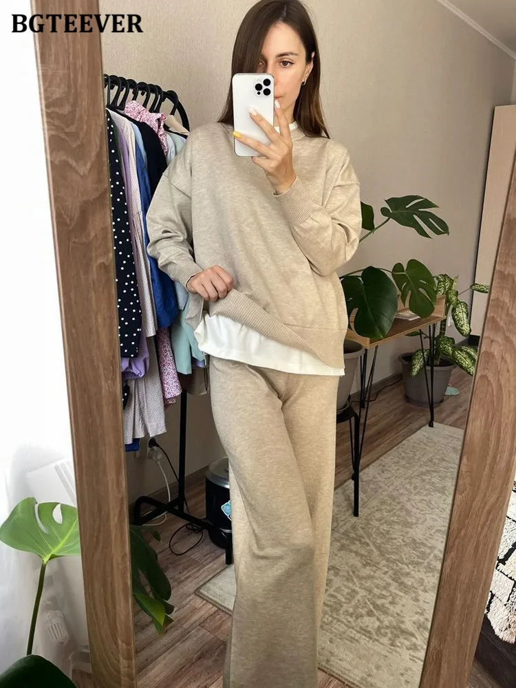 BGTEEVER Casual Loose 2 Pieces Knitted Set Female Long Sleeve Patchwork Pullovers & Wide Leg Trousers Winter Sweater Set Women