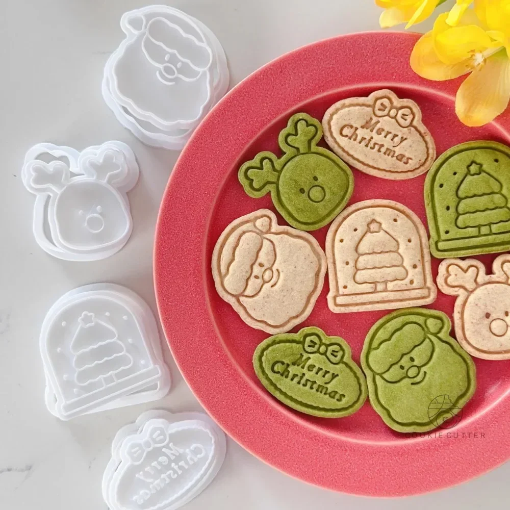 Cute Christmas Cartoon Elk Santa Biscuit Mold Merry Christmas English Blessing Words Cookie Cutter Crystal Ball Tree Baking Tool