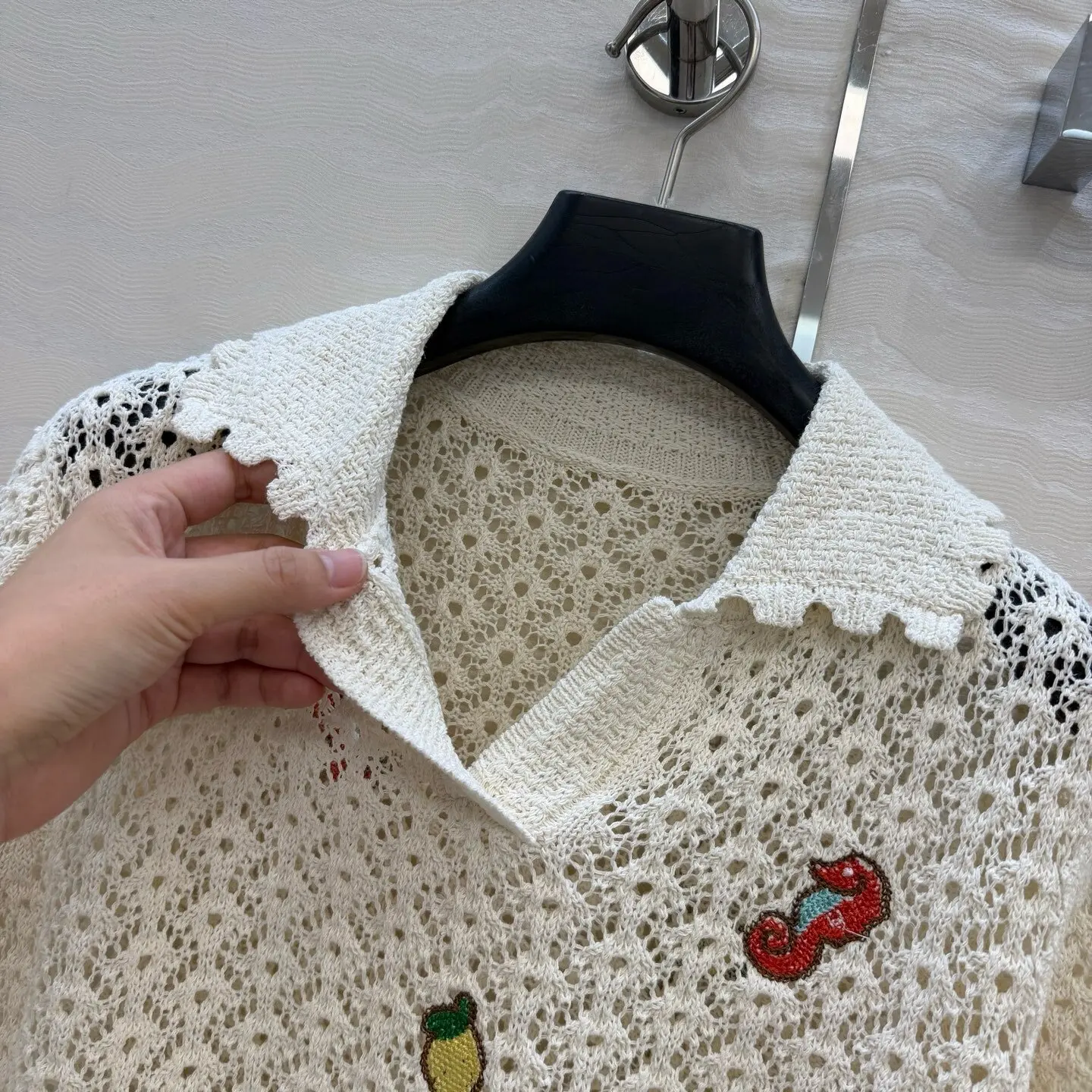 Underwater World Embroidered Hollow Woven Polo Small Lapel Side Split High Waist Micro Transparent Pullover Women's Small Top