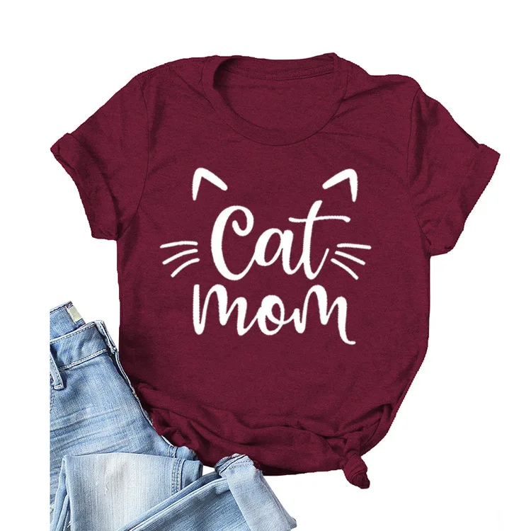 Camiseta con estampado de gato y mamá para Mujer, ropa holgada de manga corta con cuello redondo, Tops