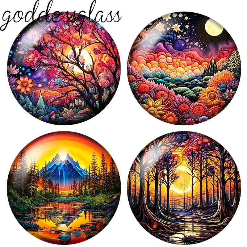 Beauty Landscape Sunset forest Tree paintings 10pcs 12mm/20mm/25mm Round photo demo glass cabochon flat back Making fittings