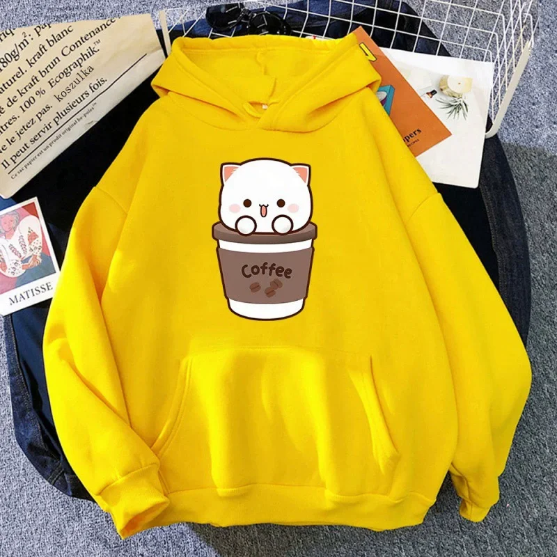 Plus Size Kawaii Peach and Goma Hoodie Women Men Harajuku Cute Cat Hoodies Autumn Winter Funny Coffee Graphic Hooded Sweatshirt