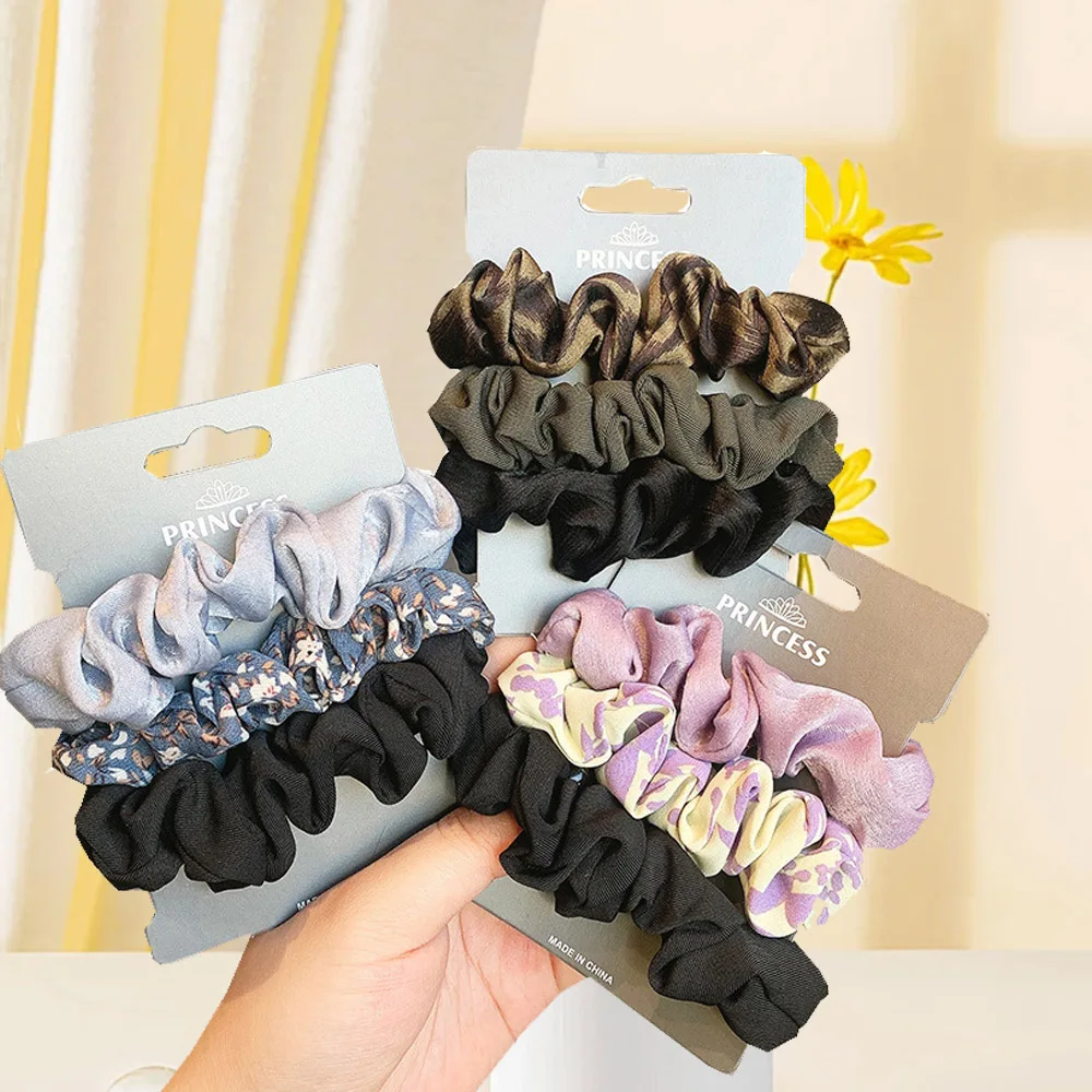 Free Shipping 3PCS/Set Satin Silk Hair Bands Hair Ties Set Floral Solid Color Women Rubber Band Ponytail Holder Hair Accessories