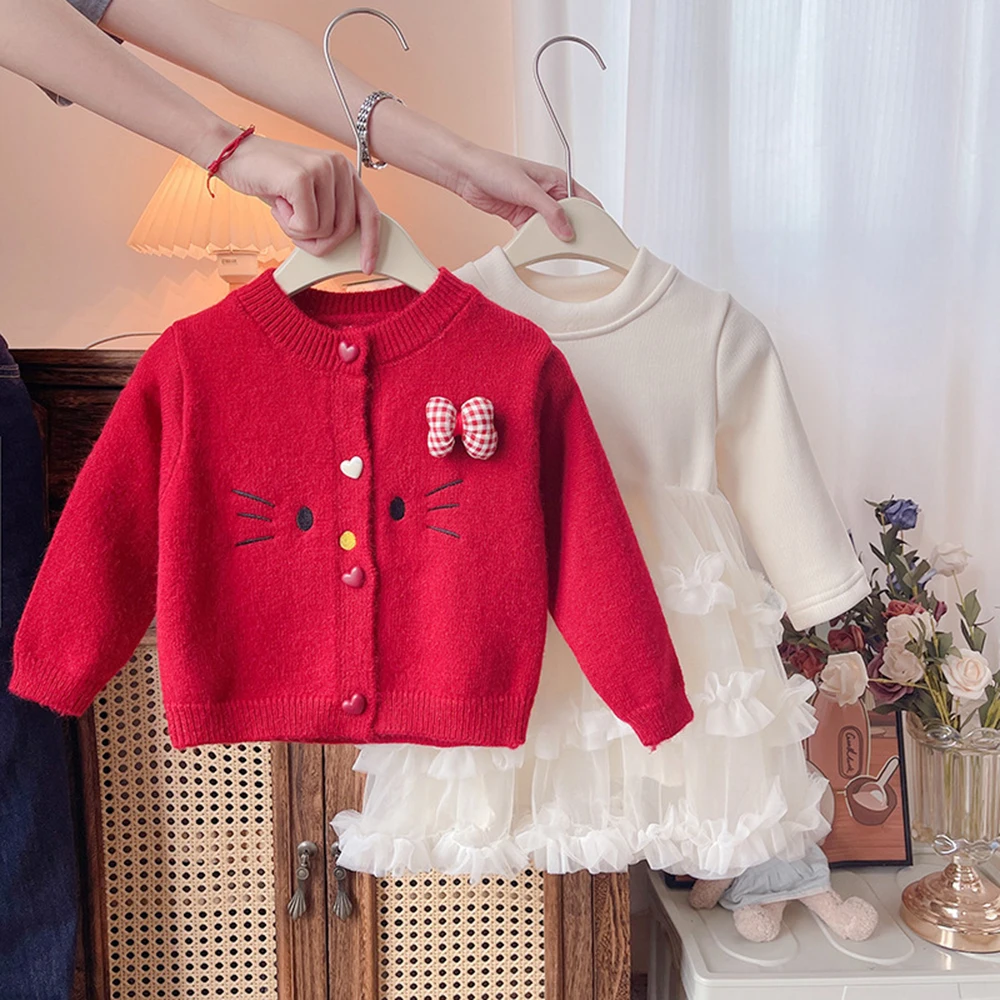 

Girls' Plush Dress Set For Autumn Winter Baby Single Breasted Cardigan+Slim Fit Long Sleeved Mesh Skirt New Children's Clothing