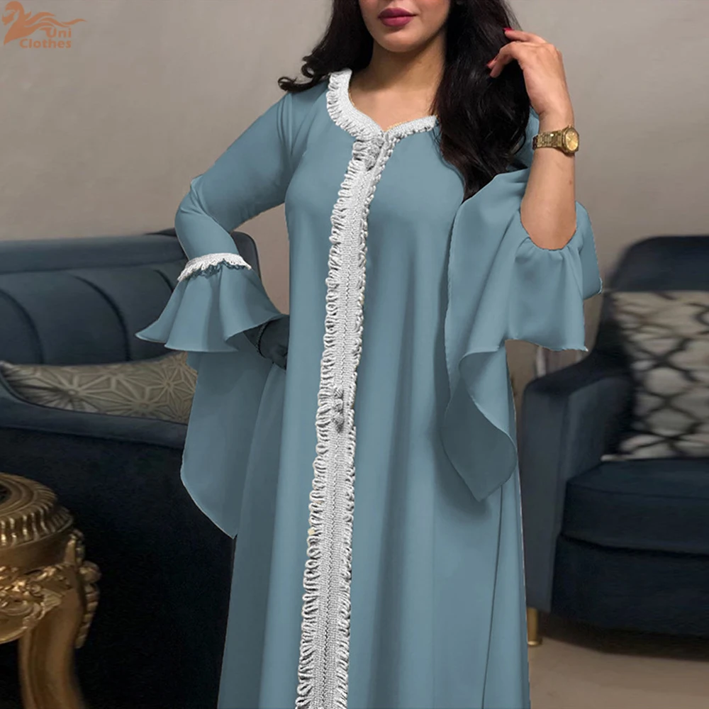 

Autumn Modest Muslim Dress for Women Ruffles Sleeve Embroidered Abaya Duabi Arabic Vestidos Moroccon Kaftan Islamic Robe