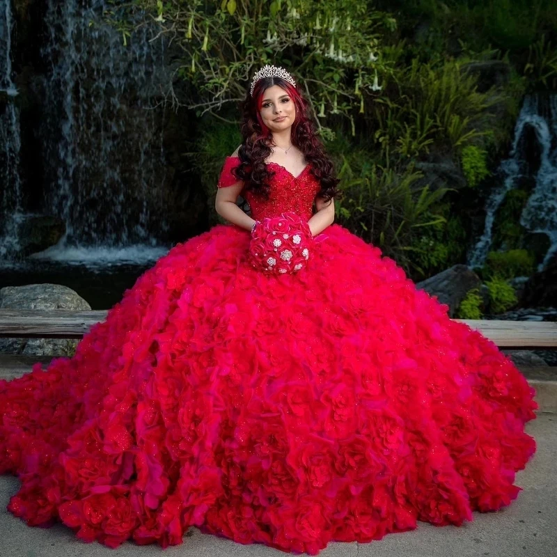 Red Rose Off The Shoulder Sequins Quinceanera Dresses for 15 Year Ball Gown Sexy V Neck Beads Flower Long Party Dress for Girl