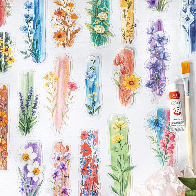 

1pack/3pack Inked Flower Watercolor Strip PET Stickers Vintage Botanical Flower Material Decorative Background Stationery