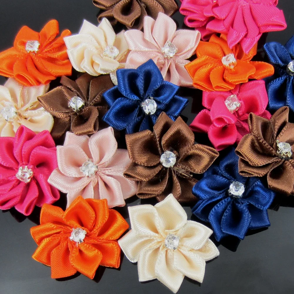30Pcs Handmade Small Satin Flowers Fabric Rhinestone Flower Appliques For Sewing Craft Wedding Decorations 2.8cm