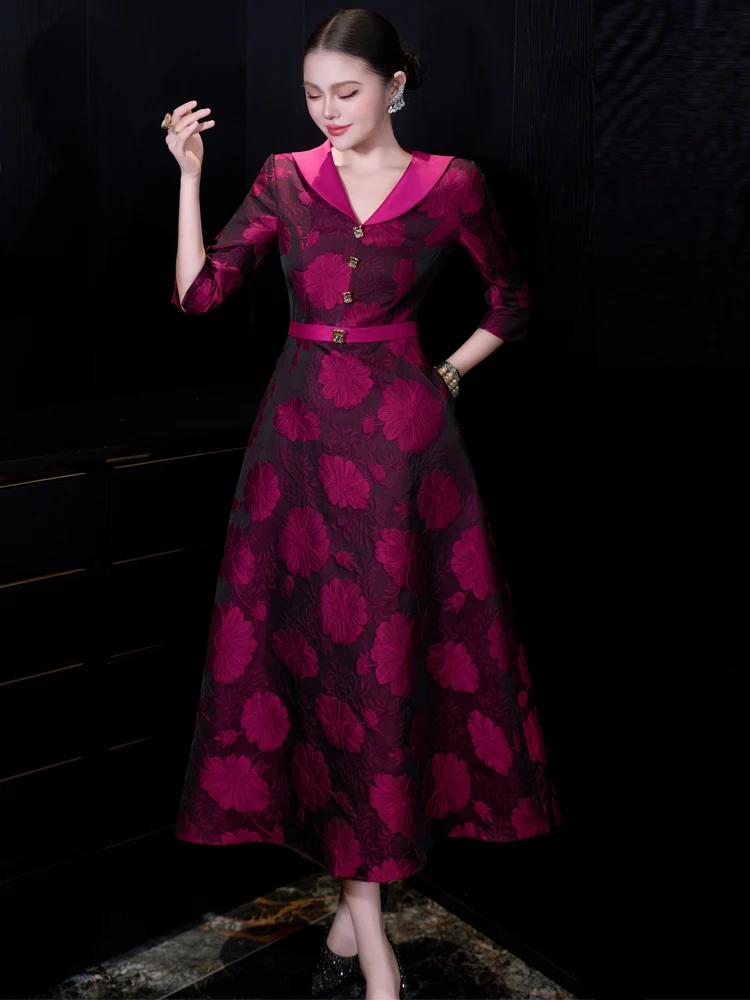 ชุดราตรีหรูหราสไตล์ฝรั่งเศส ผ้าแจ็คการ์ด ทรงเอ เอวสูง ดีไซน์เรียบหรู ยาวสำหรับผู้หญิง ฤดูใบไม้ผลิ 2026