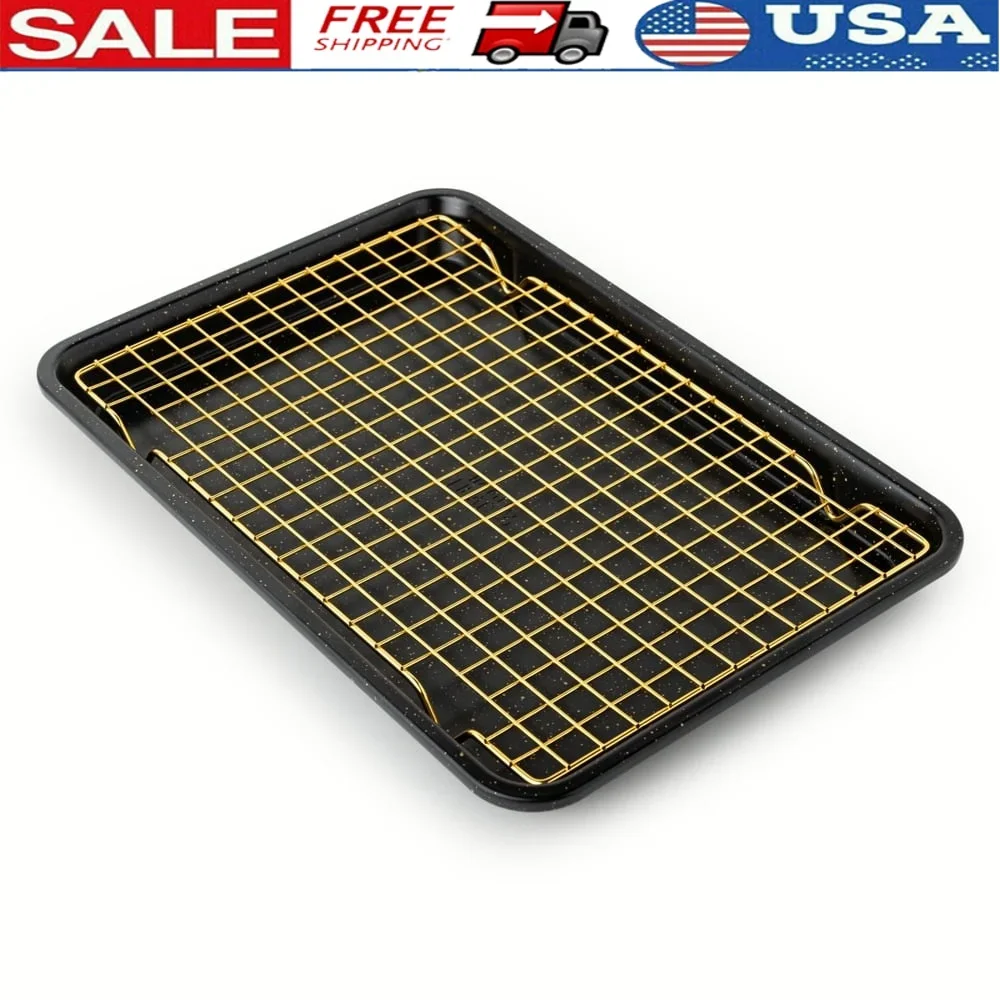 Hoja antiadherente para hornear con rejilla de enfriamiento dorada, multiusos, para hornear galletas, repostería y asar verduras, duradera, fácil limpieza