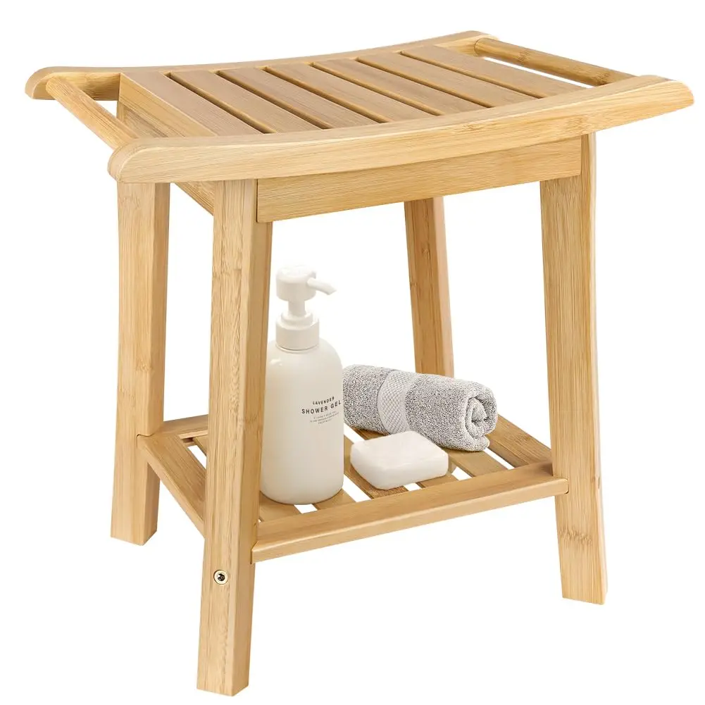 

Two-Tier Natural Bamboo Shower Stool With Lower Shelf For Bathroom Spa Bathtub Use