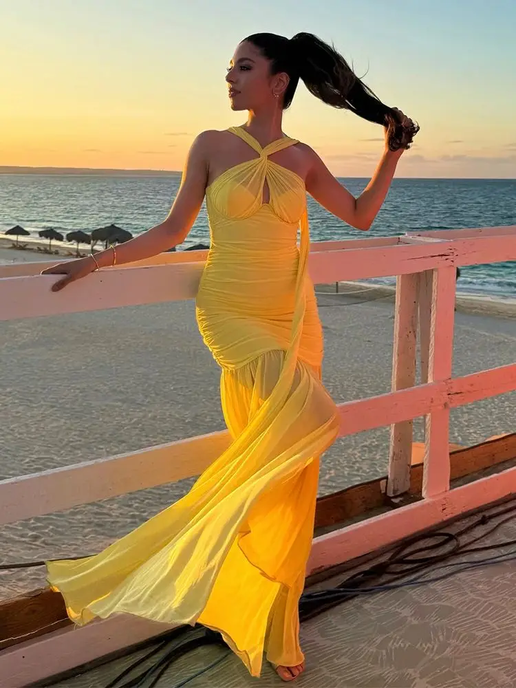 

Women Sexy Sleeveless Yellow Mesh Ruched Maxi Dress Summer New Beach Dress Vestido