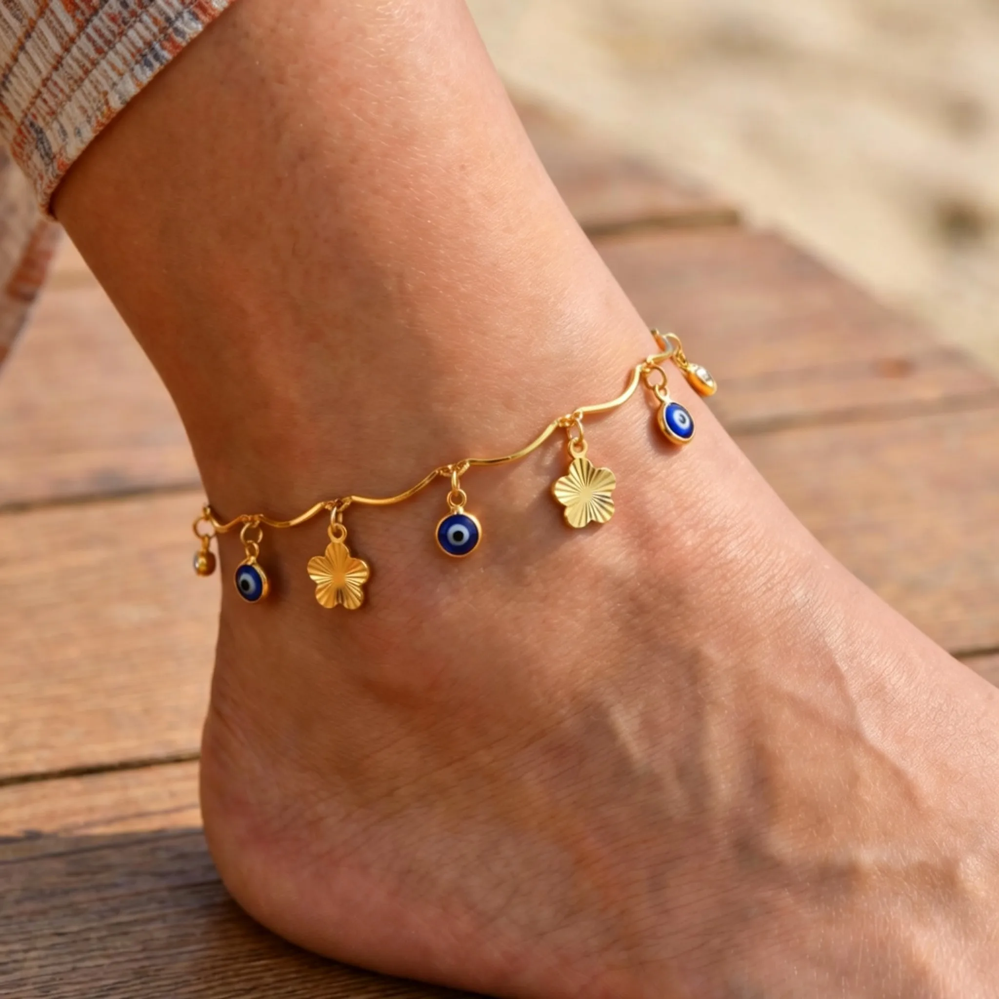 Evil Eye Ankle Bracelets for Women, Gold Plated Flower Leaf Pendant Anklets, Summer Exquisite Foot Jewelry