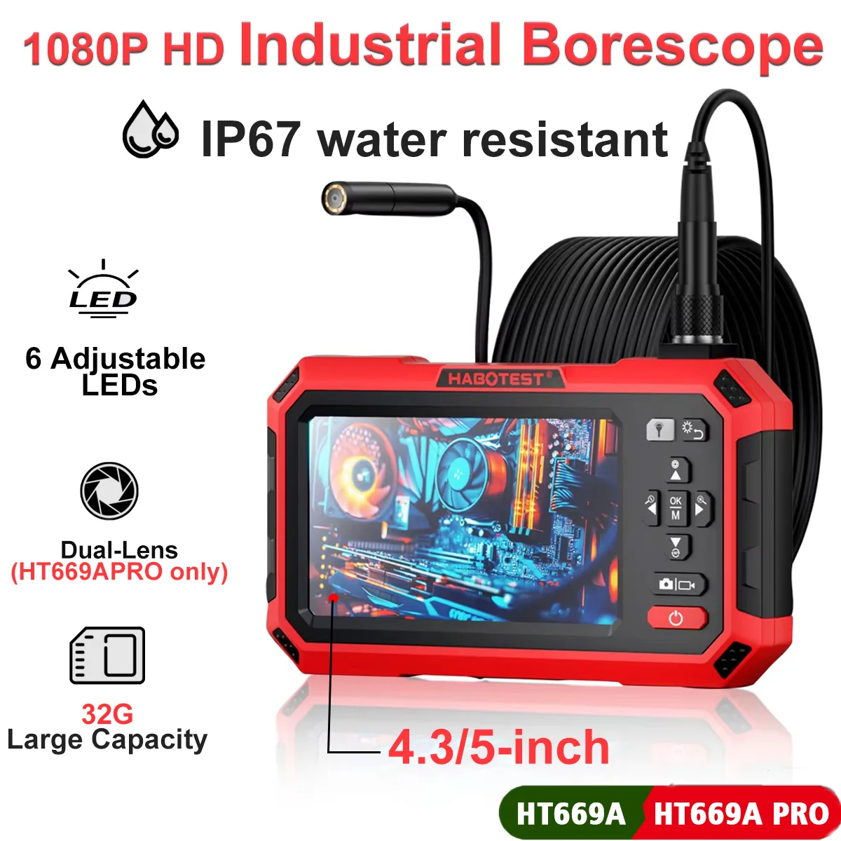 

HT669A Pro 5-inch Dual-lens USB Endoscopes Camera 1080P Industrial Endoscopes Waterproof Mechanical Sewer Pipe Inspection Camera