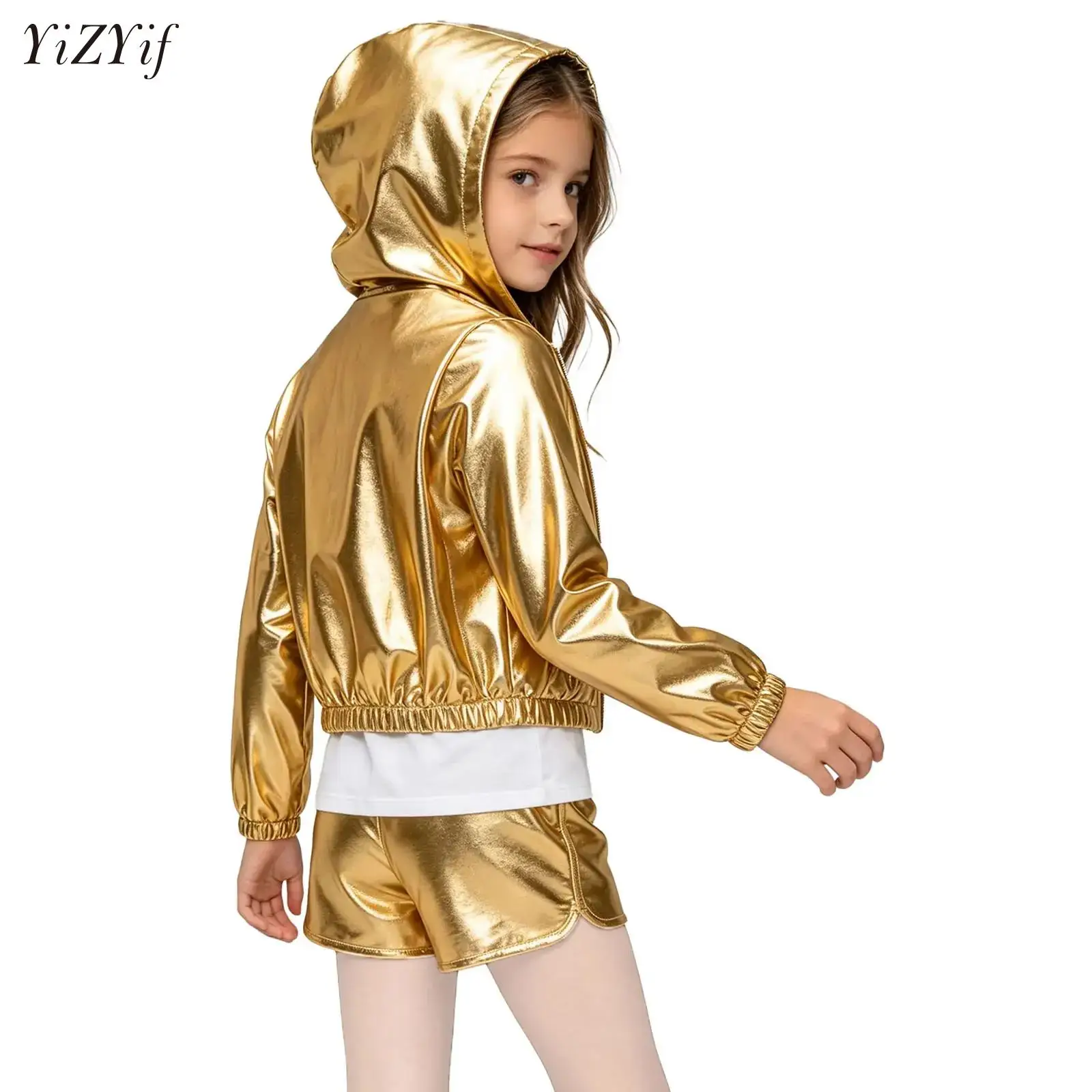 Kids Boys Girls Hip-Hop Jazz Modern Dance Jacket Tops Metallic Zipper Long Sleeve Hooded Outwear Motorcycle Coat Streetwear