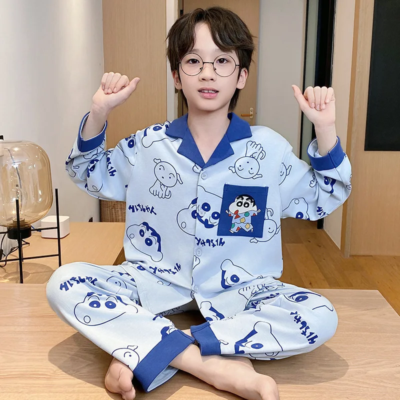 Anime 2Pcs Crayon Shin-Chan Children Pajamas Set Spring Boys Fashion Print Cotton Cardigan Pants Cartoon Parent-Child Homewear