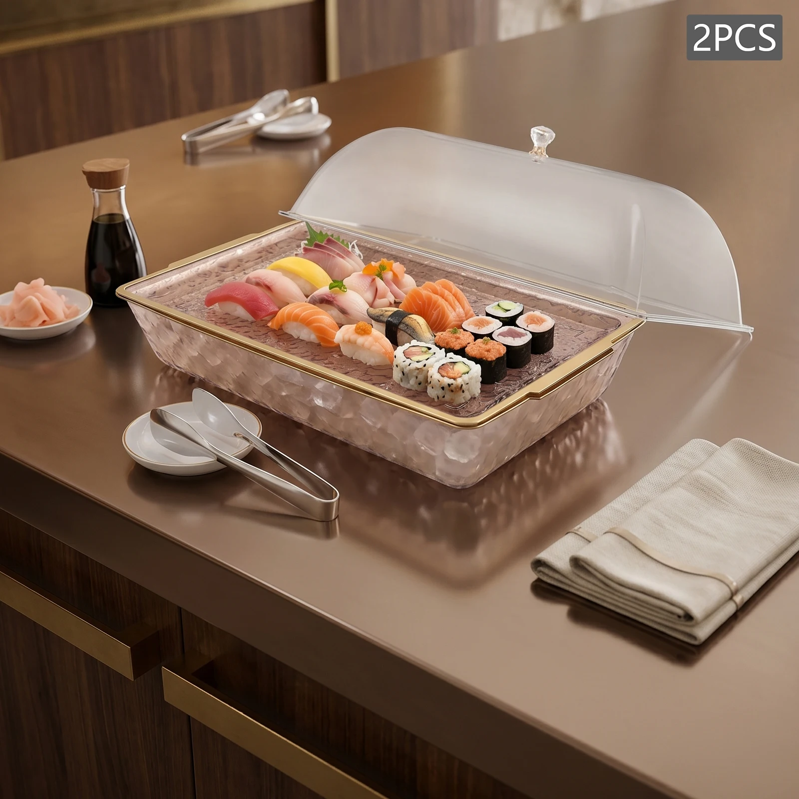 Chilled Serving Tray Set 2-Pack, Ice Serving Tray with Lid for Seafood Vegetable Fruit, 3-Layer Fresh-Keeping Design