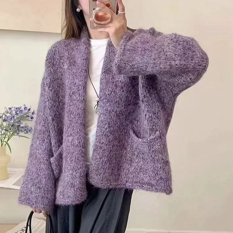 

Long Sleeves Pocket Casual Loose Beautiful Purple Knitted Cardigan Elegant Sweater Coat Top Women 2025 Autumn Winter New
