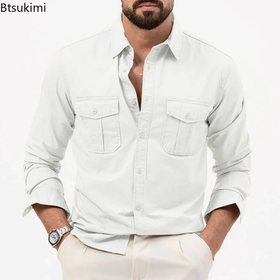 Fashion New Men's Casual Long-sleeved Shirts Multi-pockets Lapel Cardigan Tops Men Comfy Loose Workwear Safari Style Blouse Male