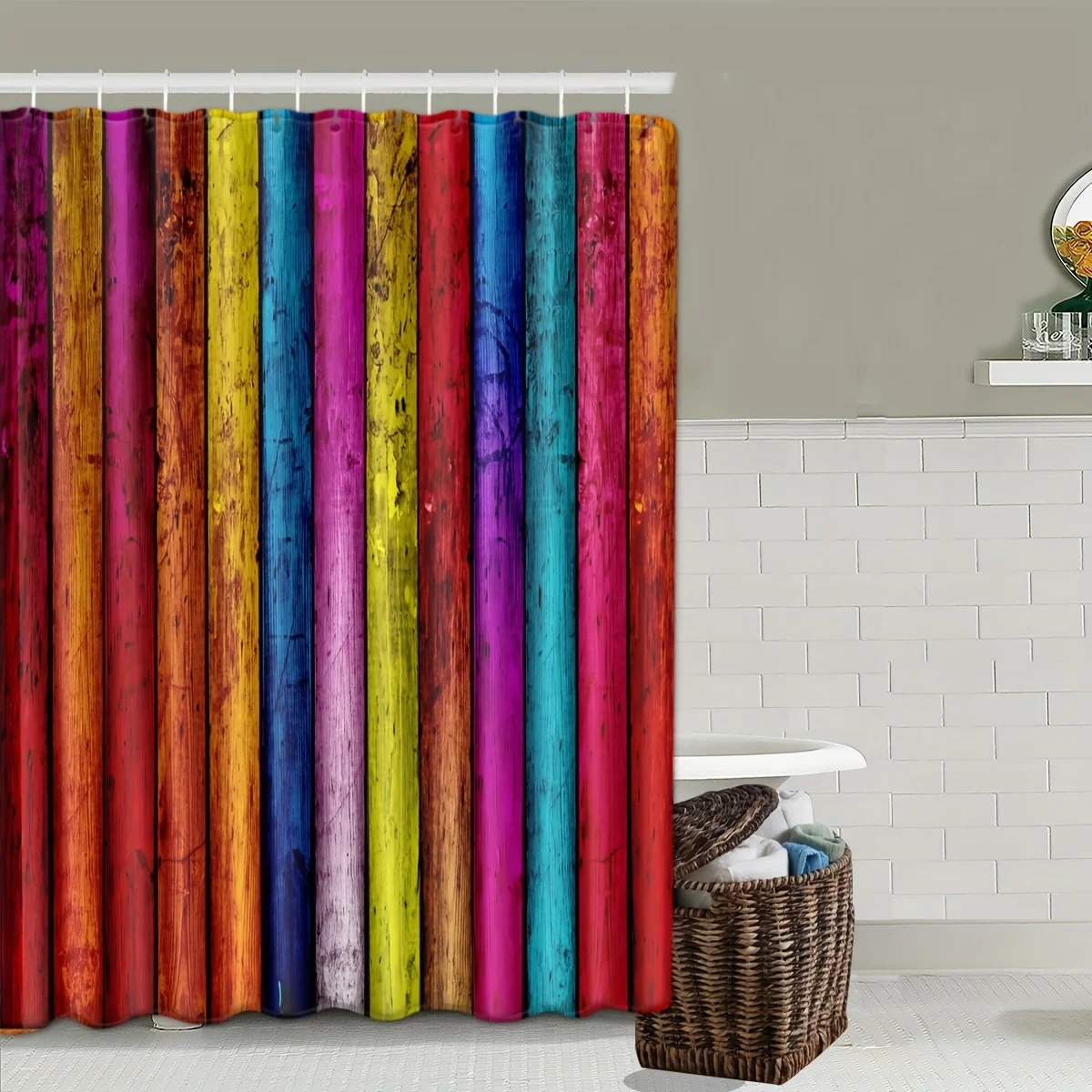 Colorful Wood Grain Shower Curtain And Bathroom Blanket, Waterproof Shower Curtain Bathroom Non-Slip Mats And Toilet Lid Cover