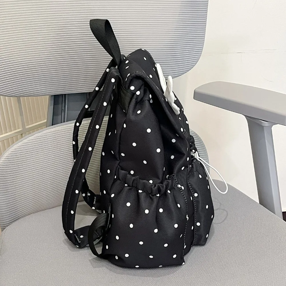 Polka-Dot Print Drawstring Backpack Flap Design Angel Wing Decor Flap Backpack Casual Style Drawstring Closure College Daypack