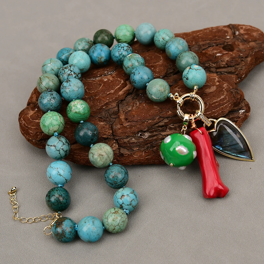 G-G 20'' Natural Stone Blue Green Turquoise Necklace Red Coral Labradorite Quartz Enamel Pearl Pendant