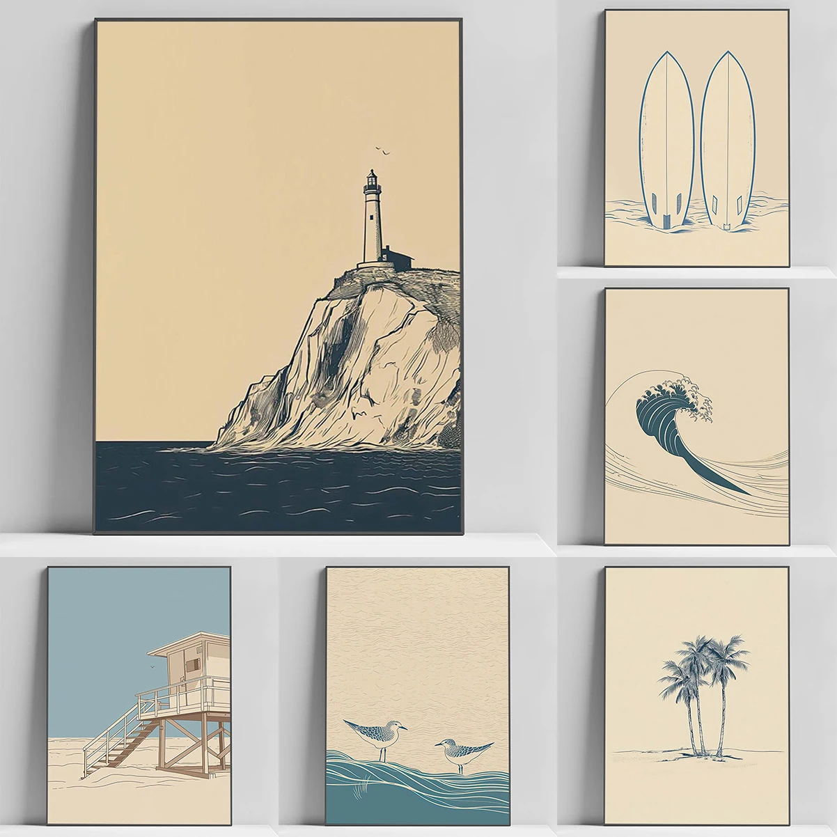 

Vintage Beach Sea and Surf Poster Beach House Landscape Minimalist Poster Decorative Wall Prints Bedroom Decoration Living Room