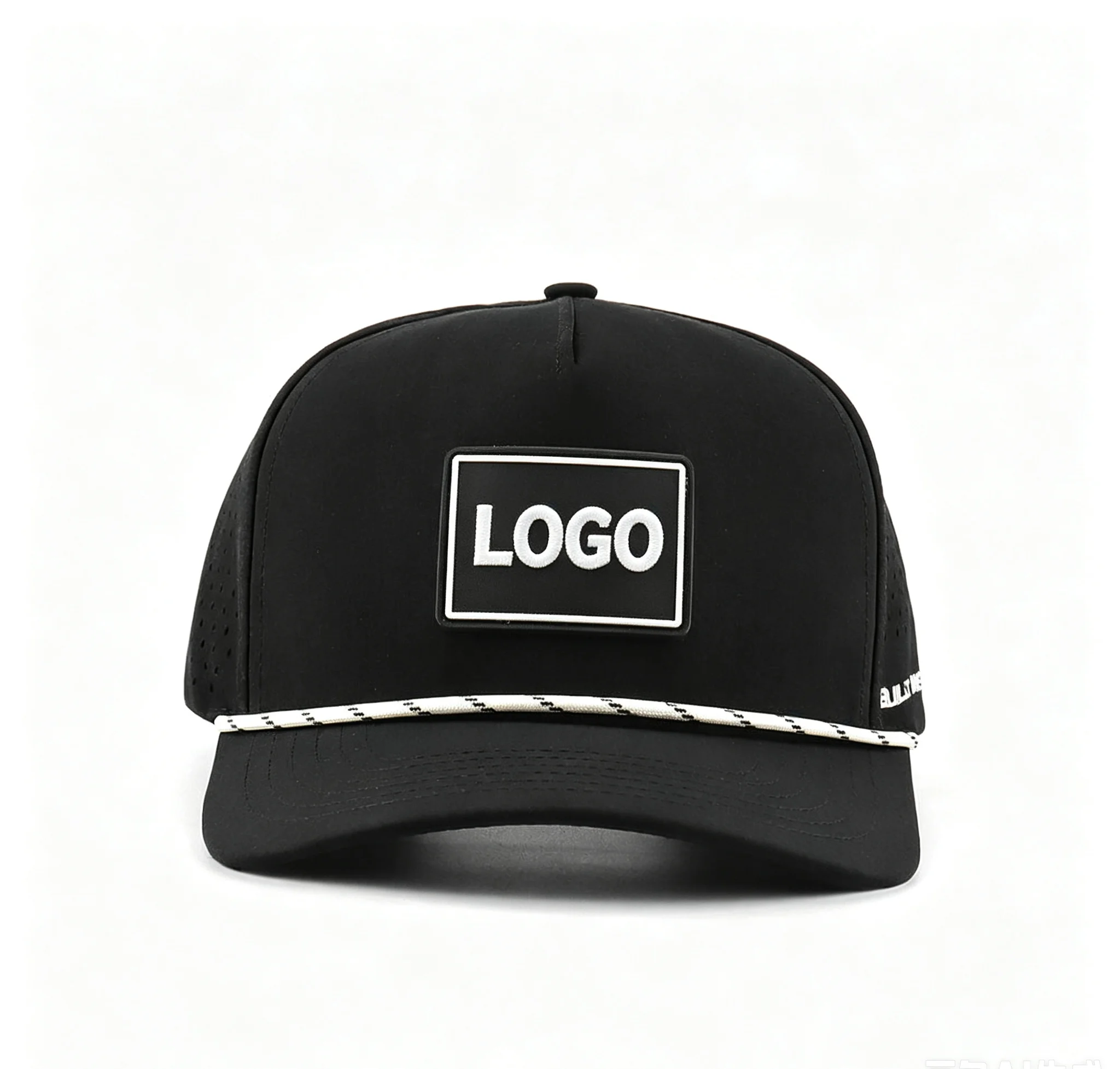 Premium Breathable Quick Dry Nylon Golf Hat Classic Black Cap with Customized Rectangle Rubber Patch Logo for Men Wholesale